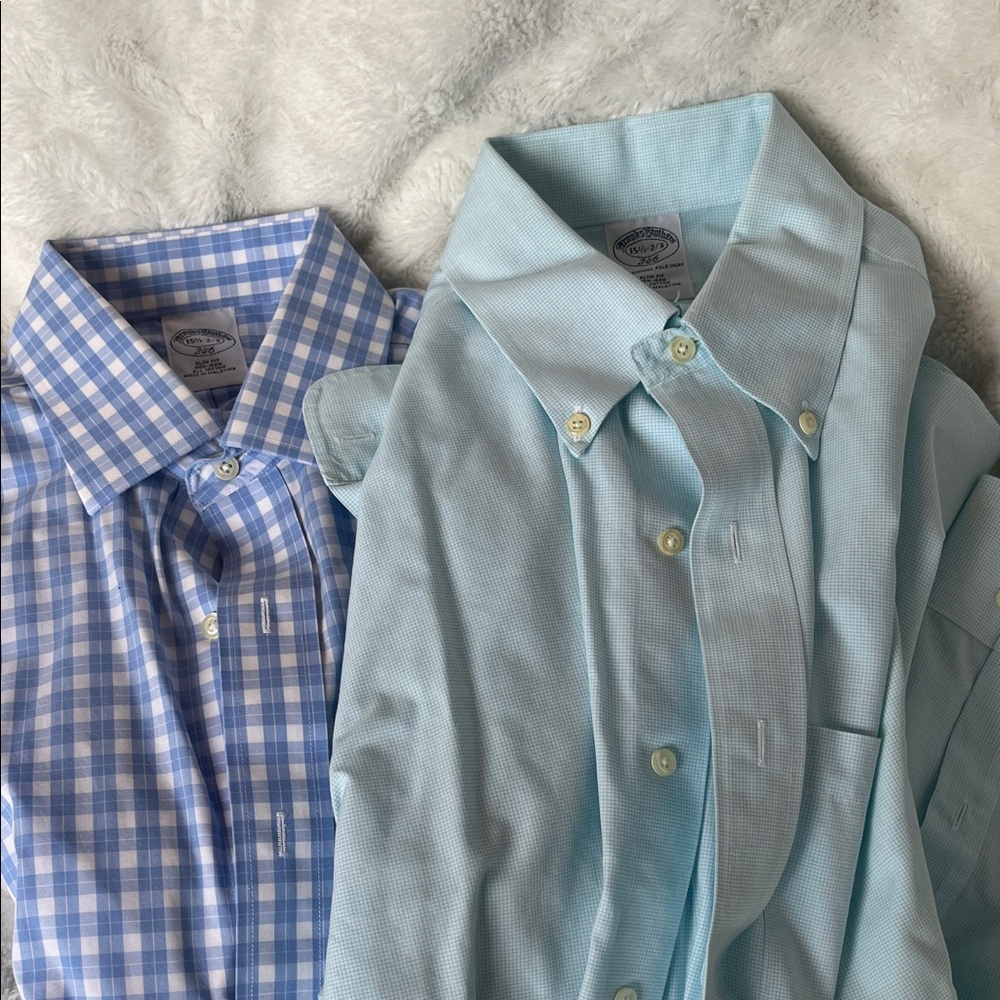 Brooks Brothers Blue Checkered and Light Blue Dress Shirts both in slim fit